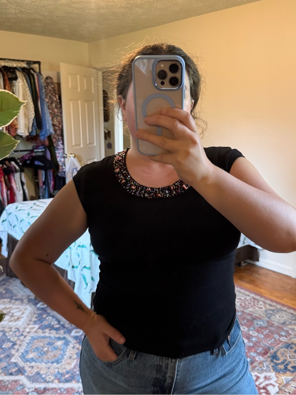 BCBG Maxazria beaded neck black knit tank top